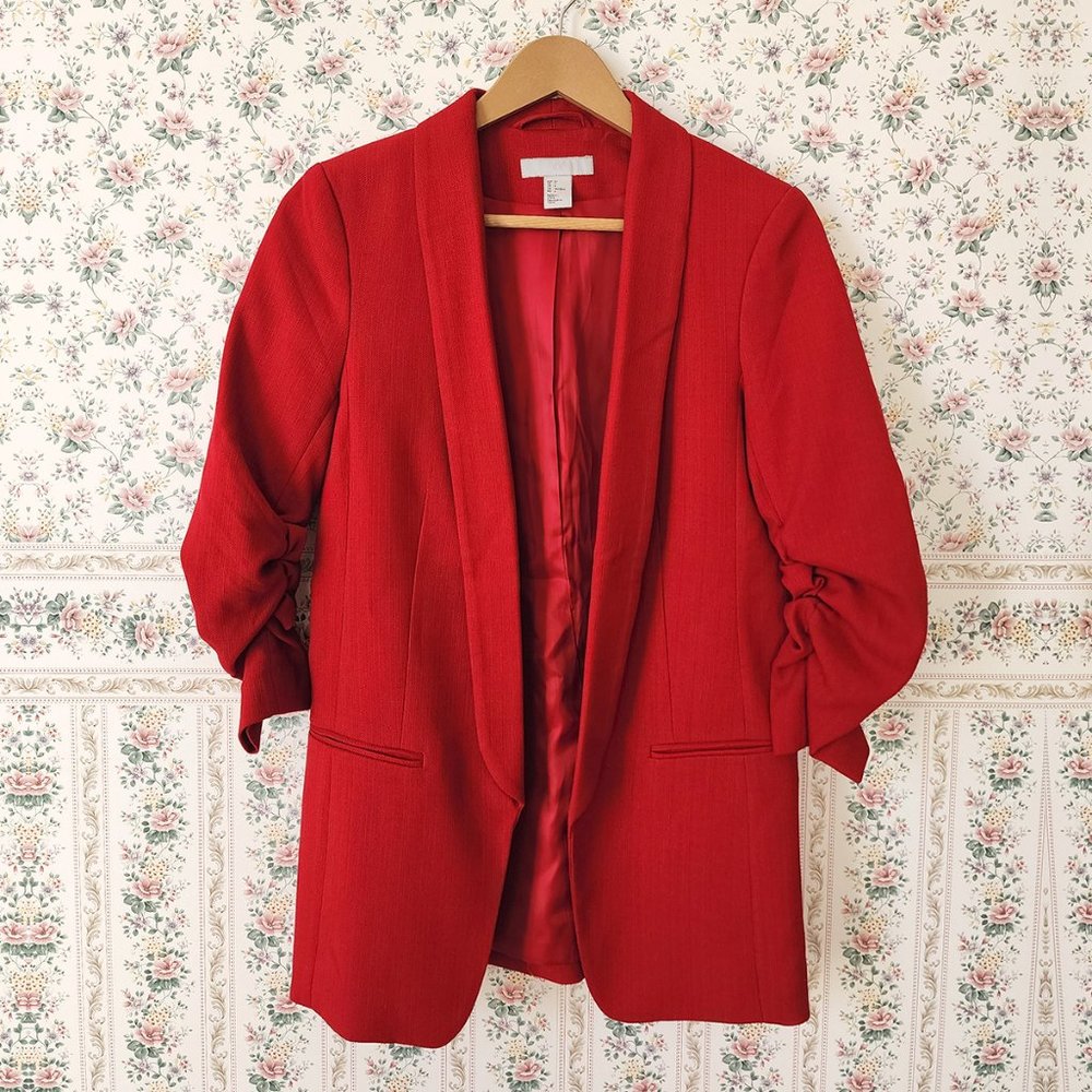 H&M Red Linen Blend Gathered Sleeve Jacket